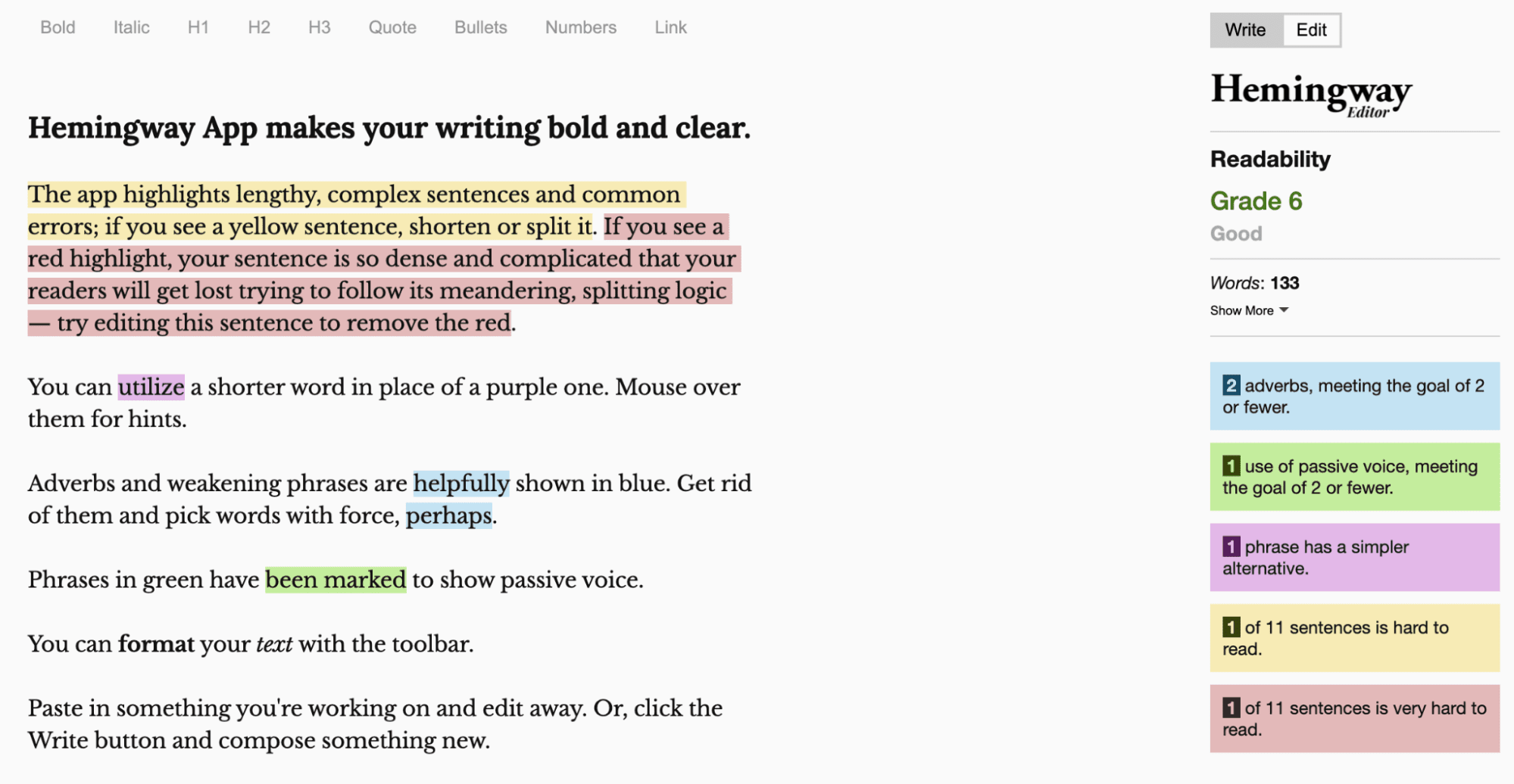 Example of editing copy in the Hemingway app